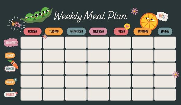 Grid illustration representing organized meal planning with varied food categories and daily structure